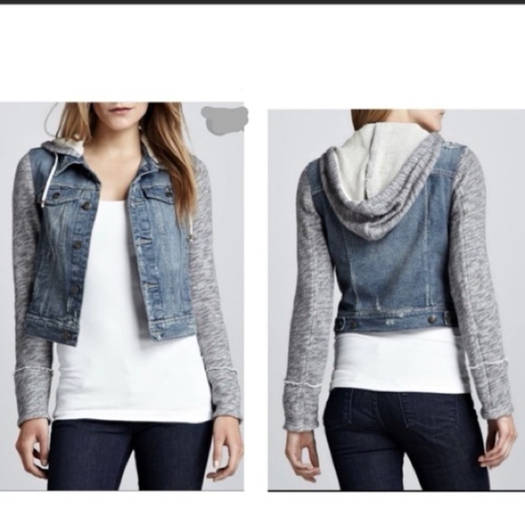Free People Distressed Denim Jacket with Attached Knit Sleeves and Hood -s/p - Picture 2 of 11
